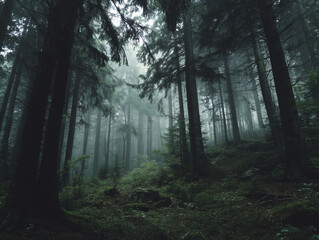 Naklejka premium Foggy forest with mystical lighting, dark greens and greys