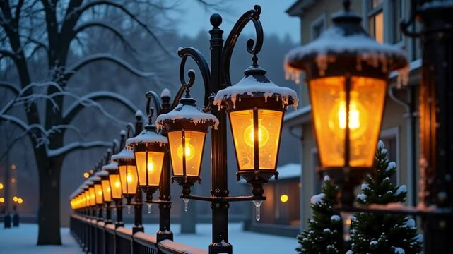 Serene winter evening illuminated by a row of glowing vintage street lamps, with soft snow and icicles enhancing the magical atmosphere.
