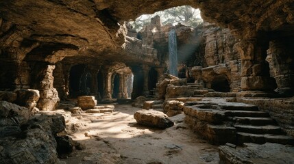 Sunlit cave-like park pathway