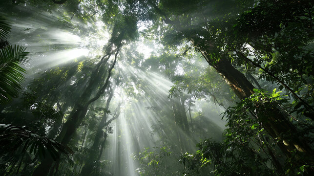 Dense rainforest with beams of sunlight piercing through