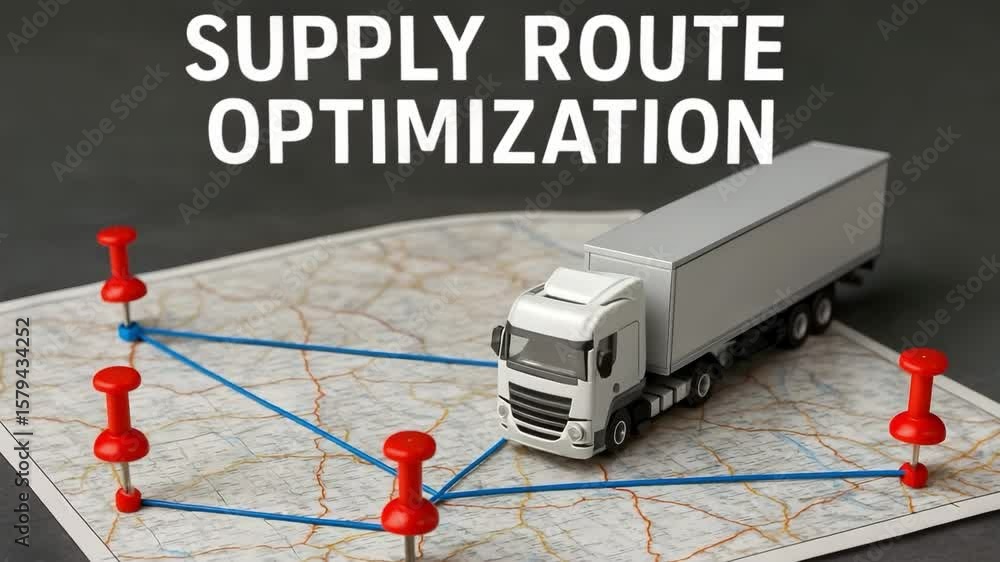 Poster a model truck sits on map linked by blue lines and red pins under bold route optimization text. conc