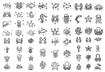 Collection of diverse marine life and ocean elements in a simple black and white silhouette style