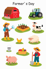 Farmer's Day sticker pack. Includes funny farmers man and woman in straw hats, animals cows, chickens, sheep, pigs, tractor, vegetable beds, and barns.