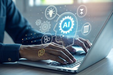 Person using a laptop with glowing ai and technology icons symbolizing innovation and data processing