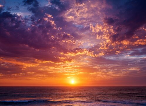 A beautiful sunset over the ocean with a colorful sky and the sun setting on the horizon.