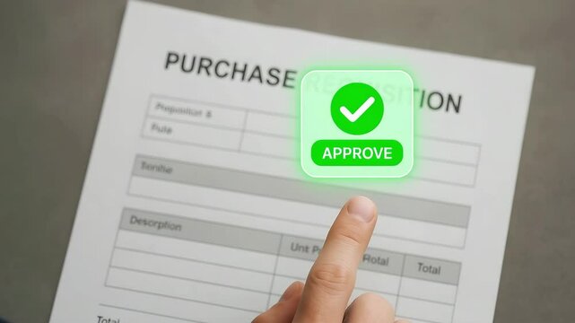 A hand taps a glowing green approve icon on a purchase requisition form. Concept of expedited procurement authorization.