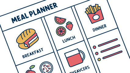 Illustration of a meal planner with sections for breakfast lunch dinner and other meals with food icons