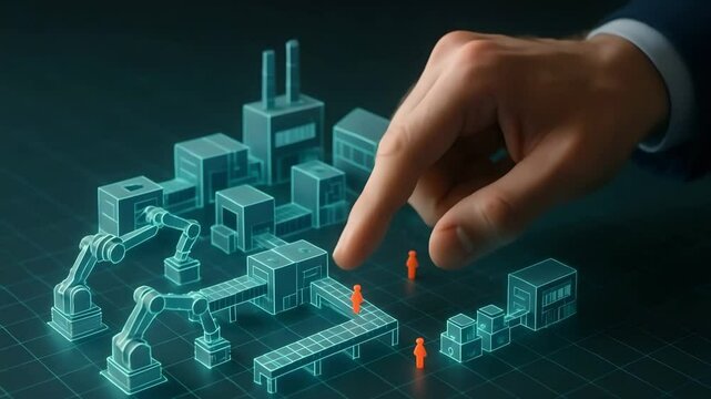 A human hand positions tiny orange figures inside a holographic factory with robotic arms and conveyor belts. Concept of industry 4.0 management.