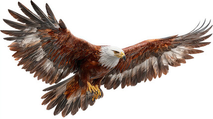 Fototapeta premium A majestic bald eagle soaring with its wings fully spread against a white background in full view