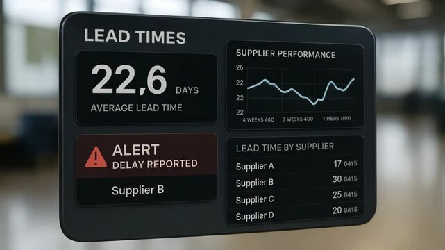 A floating dashboard displays average lead time with a red delay alert and supplier performance graph. Concept of supply chain analytics.