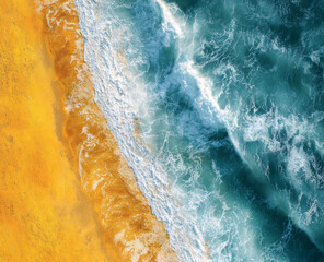 Aerial view of the beach with waves and sand. Bright ocean beach and water.