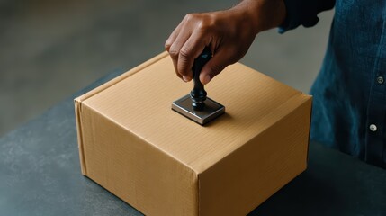 Person Applying Rubber Stamp to a Cardboard Box in a Workspace Environment