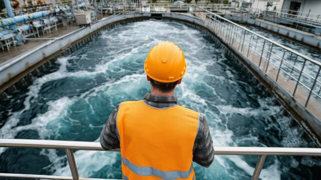 A worker wearing an orange vest and helmet stands by a railing, watching the swirling water in a treatment facility. This is a crucial process for water purification