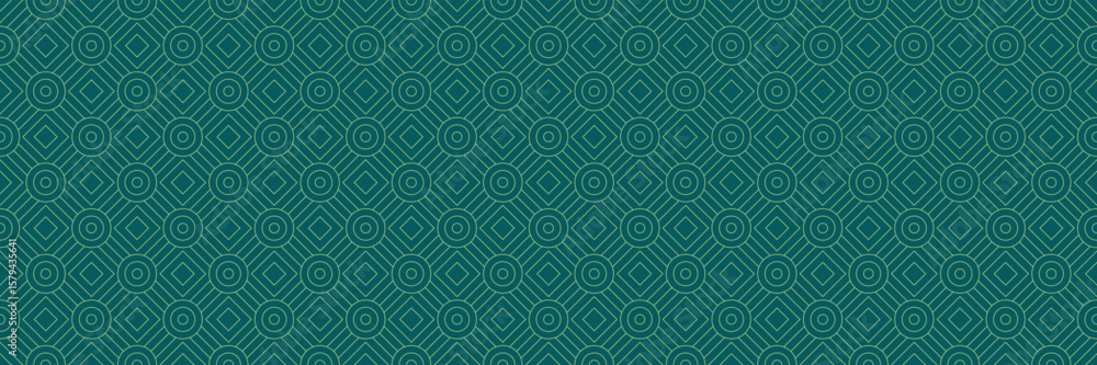 Aufkleber horizontal seamless of peach circle and square pattern on dark green for design and background.