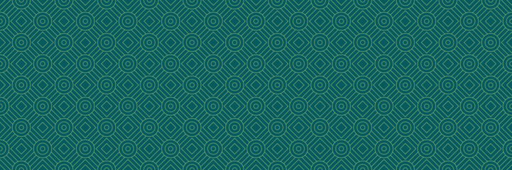 horizontal seamless of peach circle and square pattern on dark green for design and background.