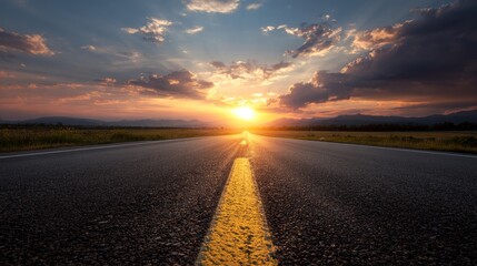 Beautiful, empty asphalt road with yellow markings leading into the distance at sunset.