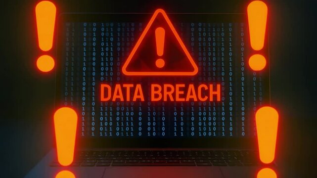 A glowing red triangle warning flashes on a laptop screen filled with streaming binary code. Concept of data breach alert.