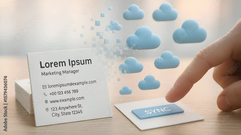 Poster a business card dissolves into pixel particles while a finger taps a sync key beside drifting clouds