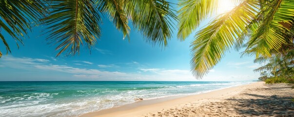 Beautiful tropical beach with palm leaves and blue sky in the background, a banner for a summer vacation.