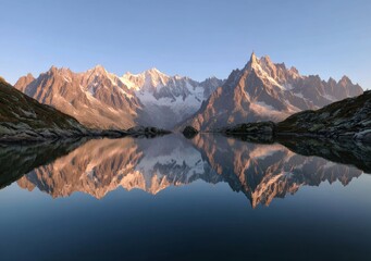 Beautiful mountain peaks with reflection in a lake at sunrise.
