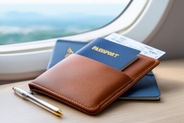 Stylish passport holder and travel essentials on airplane windowsill ready for adventure with boarding pass and pen