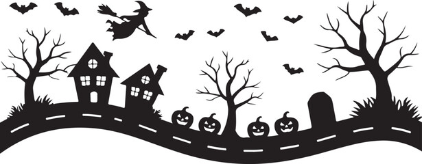 Spooky Halloween Elements Silhouette Vector Set

Witch Flying on Broom with Bats Halloween Clipart

Haunted House with Pumpkin and Bats Silhouette Design

Creepy Halloween Scene with Ghosts and Full M