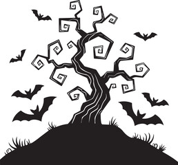 Spooky Halloween Elements Silhouette Vector Set

Witch Flying on Broom with Bats Halloween Clipart

Haunted House with Pumpkin and Bats Silhouette Design

Creepy Halloween Scene with Ghosts and Full M