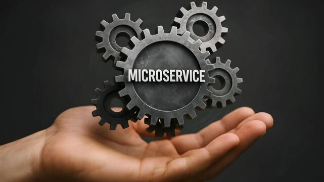 A human hand presents interlocking metal gears with the word microservice at the center. Concept of modular software architecture.