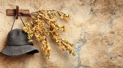 Gray straw hat and dry flowers hanging on rustic wall hook
