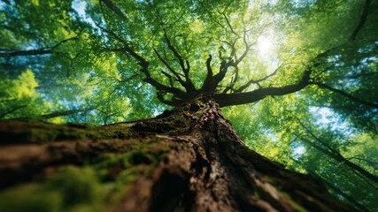 Tall trees stretch towards the sky in a vibrant forest. Sunlight filters through the thick green leaves creating a serene and peaceful atmosphere among the trunks