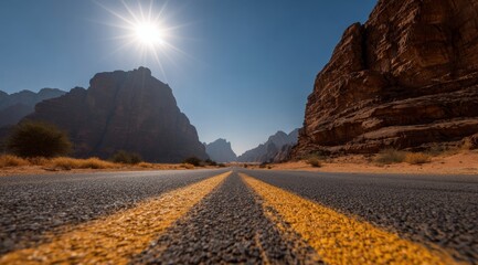 Road  mountain and rocks with desert landscape in the sunny day in the summer.