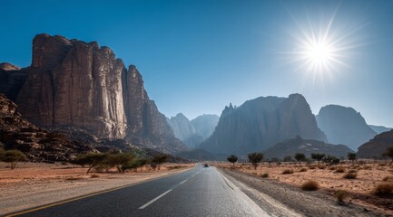 Road  mountain and rocks with desert landscape in the sunny day in the summer.