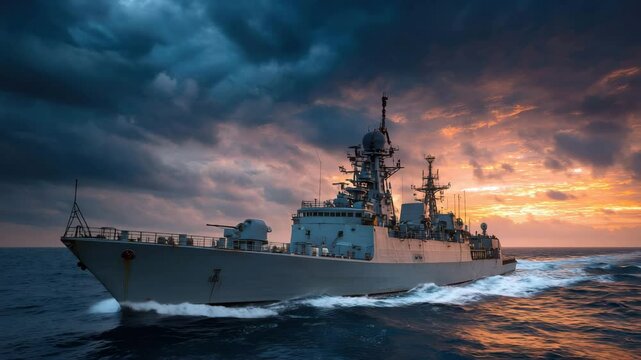 A powerful warship cruises across the ocean, cutting through strong waves as it approaches a sunset filled with dramatic clouds. The atmosphere is intense and captivating