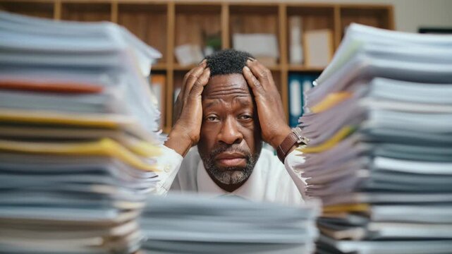 A man sits at his desk, overwhelmed by a large number of documents piled around him. He rubs his temples, clearly feeling the pressure of his workload in a corporate office environment