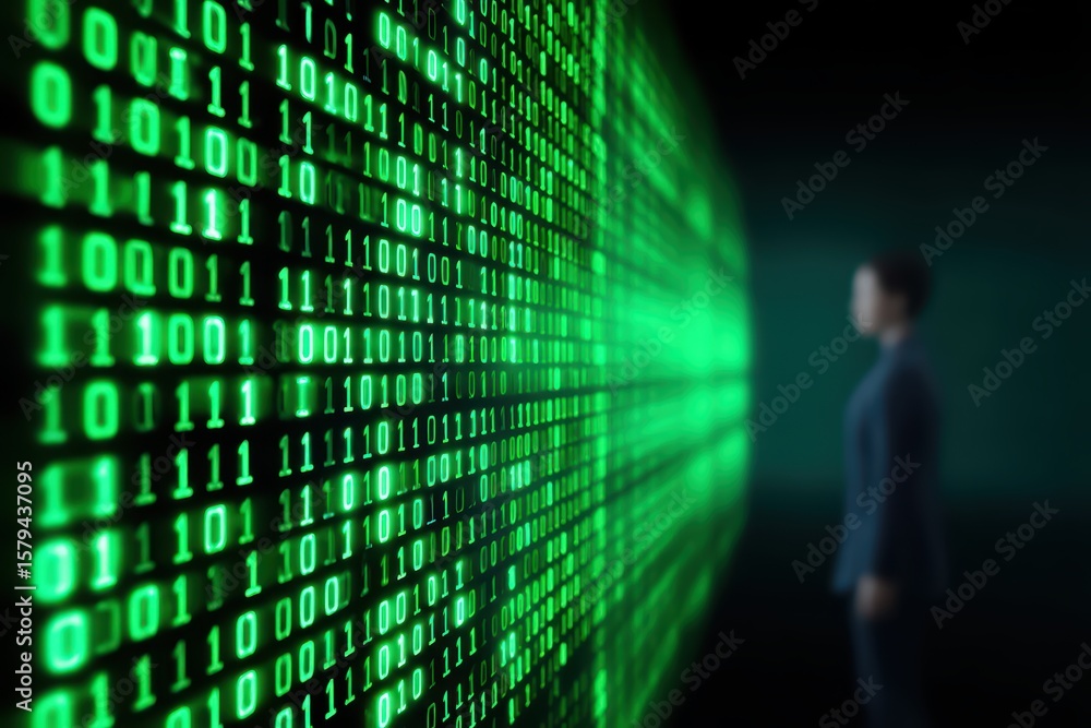 Aufkleber futuristic business person silhouetted against green digital binary code displaying technology and i