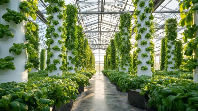 Explore the beauty of a vibrant indoor vertical garden filled with lush greenery in a spacious greenhouse. Sunlight filters through the glass, creating a serene atmosphere
