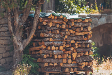 Stacks of firewood harmoniously arranged near a rustic stone wall under a tranquil sunlit canopy in...