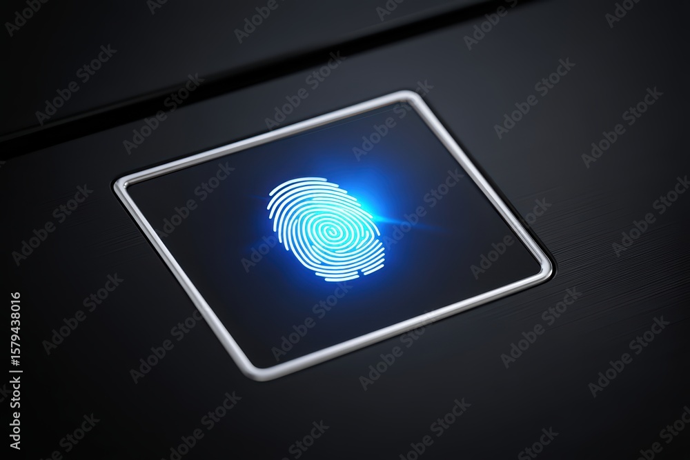 Poster close-up view of a blue lit fingerprint scanner on a dark surface for security and authentication te