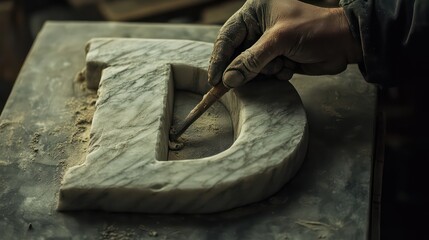 Marble letter "D" being carefully carved by a gloved hand with a small tool