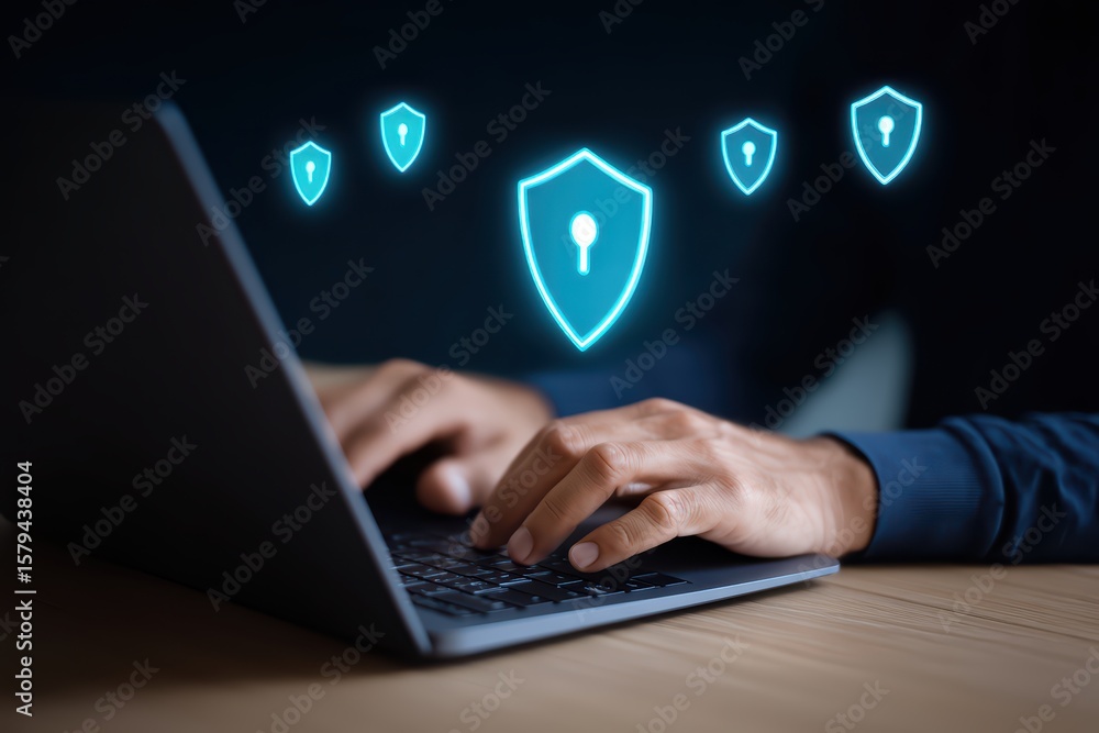 Poster hands typing on laptop with digital security icons and protection symbols in dark environment for cy
