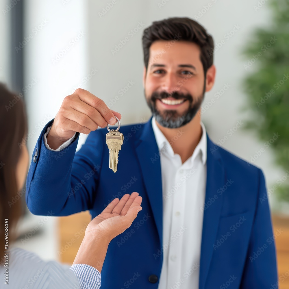 Poster smiling man handing over keys with a bright background in modern office setting, representing succes