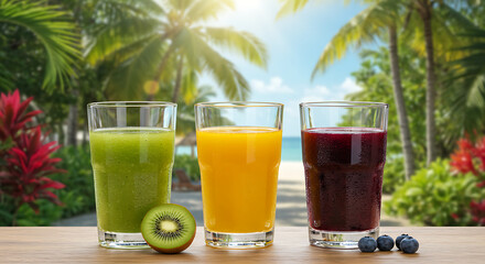 Three colorful fruit juice glasses with kiwi, mango, and blueberry.