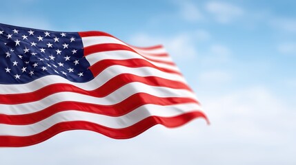 Obraz premium American flag waving in the breeze against a clear blue sky, symbolizing freedom and national pride in vibrant colors