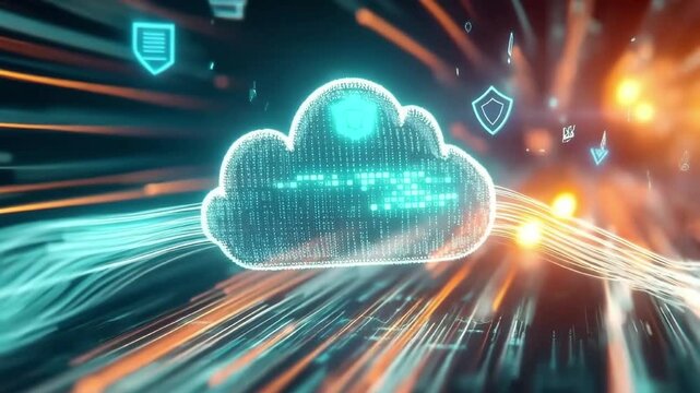 Digital cloud with data streams and security icons. Represents cloud computing, data protection, and technology advancements.