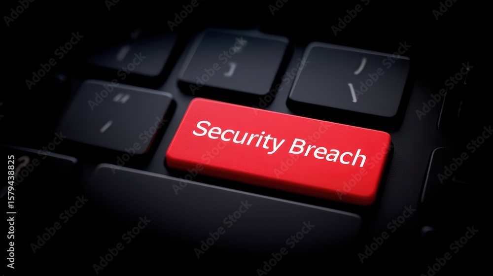 Poster focused view of a red keyboard key labelled security breach on a dark computer keyboard highlighting