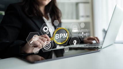 Business Process Management concept showing workflow analysis, process optimization, team...