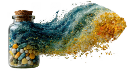 A glass bottle filled with colorful pills and capsules, with a cloud of medication escaping isolated on transparent background