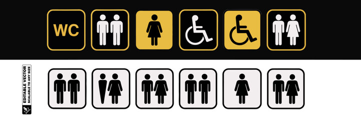 restroom signs including accessible unisex male and female icons on black and yellow squares