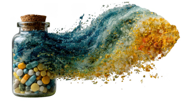 A glass bottle filled with colorful pills and capsules, with a cloud of medication escaping isolated on transparent background