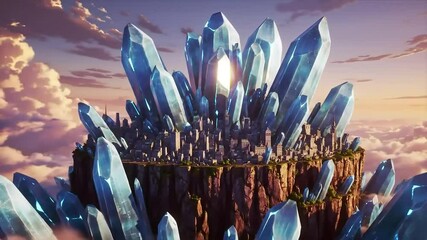 Floating city on a rock platform, surrounded by large blue crystals, under a pastel sunset sky with clouds - Powered by Adobe